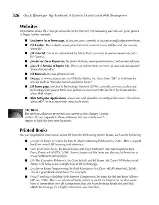326      Oracle JDeveloper 11g Handbook: A Guide to Oracle Fusion Web Development


      Websites
      Information about JSF concepts abounds on the Internet. The following websites are good places
      to begin further research:

          ■   JavaServer Faces home page, at java.sun.com, currently at java.sun.com/j2ee/javaserverfaces.
          ■   JSF Central. This website (www.jsfcentral.com) contains many articles and discussions
              about JSF.
          ■   JSF Tutorial. This is an online book by Marty Hall, currently at www.coreservlets.com/
              JSF-Tutorial.
          ■   JavaServer Faces Resources, by James Holmes, www.jamesholmes.com/JavaServerFaces.
          ■   Java EE 5 Tutorial (Chapter 10). This is an online book currently at java.sun.com/javaee/
              5/docs/tutorial/doc/.
          ■   JSF Tutorials at www.jsftutorials.net.
          ■   OnJava, at www.onjava.com, by O’Reilly Media, Inc. Search for “JSF” to find links for
              articles such as “Introduction to JavaServer Faces.”
          ■   JSF home page, on Oracle Technology Network (OTN), currently at www.oracle.com/
              technology/tech/java/jsf.html; also perform a search on OTN for ADF Faces for articles
              about that subject.
          ■   Rich enterprise Applications, showcases and provides a launchpad for more information
              about ADF Faces components (rea.oracle.com).


         CAuTION
         The website addresses presented are current as this chapter is being
         written. If your requests to these addresses fail, use a web search
         engine to look for their new locations.


      Printed Books
      You can supplement information about JSF from the Web using printed books, such as the following:

          ■   JavaServer Faces in Action, by Kito D. Mann (Manning Publications, 2004). This is a good
              book for overall JSF learning and reference.
          ■   Core JavaServer Faces, by David Geary and Cay Horstmann (Sun Microsystems Java
              Press, Prentice Hall PTR, 2004). Some chapters of this book are also available online at
              www.horstmann.com/corejsf/.
          ■   JSF: The Complete Reference, by Chris Schalk and Ed Burns (McGraw-Hill/Professional,
              2006). This book is an in-depth look at JSF technology.
          ■   JavaServer Faces Programming, by Budi Kurniawan (McGraw-Hill/Professional, 2004).
              This is a good book about basic JSF concepts.
          ■   Pro JSF and Ajax: Building Rich Internet Components, by Jonas Jacobi and John Fallows
              (APress, 2006). This is an advanced book, which is useful for those who need to know
              how to create their own JSF components that use Asynchronous JavaScript and XML
              (AJAX) technology for a highly interactive user interface.
 