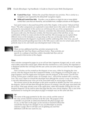 378      Oracle JDeveloper 11g Handbook: A Guide to Oracle Fusion Web Development


          ■    Control Flow Case Defines the actual flow between two activities. This is similar to a
               navigation case exposed by the default JSF navigation engine.
          ■    Wildcard Control Flow Rule Provides a way to define an origin for one or more global
               control flow cases that are shared by, and available from, multiple activities on the diagram.

           Save point restore is discussed toward the end of the chapter, in the section “Advanced Task
      Flows.” The other components are explained in more detail next in the order in which they will
      generally be encountered. In this section we will discuss the use of the components in
      conjunction with a task flow diagram. However, remember that alternatively, developers can use
      the source code view, the Structure window, the Overview pane of the task flow, or any
      combination of these to create activities for the task flow. We encourage you to explore these
      different views on the metadata as you go along so that you can become familiar with the
      relationship between the diagram’s visualization and the underlying XML. Over time, you will
      probably find yourself spending more time in the XML source code view for certain tasks and it’s
      perfectly okay to mix and match your development style in that way.

          NOTe
          There are two additional task flow activities not present in the
          preceding list: Task Flow Return and Parent Action. These activities are
          specific to a subtype of task flow called a bounded task flow and are
          discussed in that section of the chapter.


      View
      View activities correspond to pages (or as we will see later, fragments of pages) and, as such, are the
      most widely used of the activity types. When the flow transitions to a view activity, the requested UI
      is displayed and the flow will stop until the user carries out some action to cause the next navigation
      in the flow.
           View activities can be created on the diagram in two ways, either by dragging the view
      activity onto the diagram from the Component Palette, or by dragging an existing JSF page, or
      page fragment, from the Application Navigator onto the diagram. In the former case the new
      activity will be given a default name, for example view1, and will be marked with a warning
      icon. This icon is there to remind the developer that although the activity is now in the flow, it
      is not fully defined because it has yet to be associated with an actual page to display.
           The normal action for the developer at this point would be to double click the view activity in
      the diagram, which will take them through the process of creating a new JSF page associated with
      the activity. If the page already exists in the application, rather than double clicking the icon, the
      Property Inspector can be used to select the page that this view activity displays. This is one of the
      mechanisms for reusing the same physical page in multiple ways on the same task flow.

          TIP
          The name of the page pointed to by the view activity and the name of
          the view activity itself do not have to be the same. The purpose of the
          controller is to provide an abstraction between the physical page and
          its use, so that later on the page can be moved or renamed without the
          overall flow having to be changed. If you use JDeveloper to rename
          (refactor) a page, then it will take care of updating any task flow
          definitions with the new name for you.
 