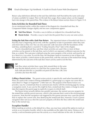 394      Oracle JDeveloper 11g Handbook: A Guide to Oracle Fusion Web Development


      Return value definitions defined on the task flow definition itself that define the name and value
      of values available for output. Then on the task flow usage, these output values can be mapped
      back into storage in the parent flow. This is done in the Return Values section shown in Figure 11-8.

      extra Activities for Bounded Task Flows
      As we mentioned earlier, within the context of the diagram for a bounded task flow, the
      Component Palette changes slightly and two new components appear:

          ■   Task Flow Return     Provides a way to define an endpoint for a bounded task flow.
          ■   Parent Action     Provides a way to reach into the parent flow to carry out some action.


      exiting the Task Flow with a Task Flow Return          The important feature of bounded task flows is
      that they have a beginning and an end, with the capability to take in parameters when they start
      and return data as they exit. You can also associate code execution with the boundaries of the
      task flow, something that is covered in “Coding Around a Flow” later in the chapter.
          To exit a bounded task flow, task flow return activities are used. One or more of these
      activities can be present in the task flow, each of which can represent a different outcome for the
      flow as a whole. This outcome is defined using the name property of the activity and must be set
      to a literal String value. To exit the flow, the developer needs to transition to one of these task
      flow return activities; control returns to the parent flow, with the outcome of the nested flow being
      determined by the outcome of the task flow return activity used to exit the flow.

          TIP
          Task flow return activities have a gray halo around them in the same
          way that the default activity in a task flow has a green halo. The gray
          halo indicates that this is a possible exit point for the flow. URL view
          activities also have this halo.


      Calling a Parent Action     The parent action activity is specifically used when bounded task
      flows are used in the context of being embedded in a parent page as a region (we cover this in
      more detail in “Pages or Fragments?” a little later on). The purpose of the Parent Action is to
      provide a way for a nested task flow to communicate cleanly with the enclosing page by raising
      a navigation event. A use case for this might be that a nested task flow makes a change to some
      data that requires the parent page to explicitly re-query to refresh itself.
          The Parent Action actually defines two parallel outcomes: the normal outcome property for
      the nested flow and the parent‑outcome, which is the outcome that is sent to the enclosing page
      to process. Note that the navigation rule triggered by this parent outcome may cause the parent
      flow to replace the current view, thus destroying the nested task flow. However, if such a parent
      navigation does not occur, then the outcome property will drive the flow within the nested task
      flow in the normal way.

      exception Handler
      When marking an activity as the default for a flow, you may have noticed the option to mark an
      activity as an exception handler, which is also available on the right-click menu. Doing so will
      overlay a red exclamation point over the activity as a visual indicator of this role. At runtime, if
 