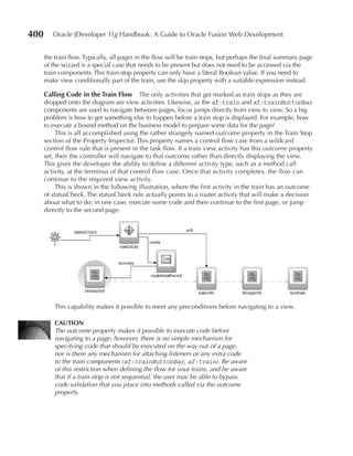 400      Oracle JDeveloper 11g Handbook: A Guide to Oracle Fusion Web Development


      the train flow. Typically, all pages in the flow will be train stops, but perhaps the final summary page
      of the wizard is a special case that needs to be present but does not need to be accessed via the
      train components. This train-stop property can only have a literal Boolean value. If you need to
      make view conditionally part of the train, use the skip property with a suitable expression instead.

      Calling Code in the Train Flow       The only activities that get marked as train stops as they are
      dropped onto the diagram are view activities. Likewise, as the af:train and af:trainButtonBar
      components are used to navigate between pages, focus jumps directly from view to view. So a big
      problem is how to get something else to happen before a train stop is displayed. For example, how
      to execute a bound method on the business model to prepare some data for the page?
           This is all accomplished using the rather strangely named outcome property in the Train Stop
      section of the Property Inspector. This property names a control flow case from a wildcard
      control flow rule that is present in the task flow. If a train view activity has this outcome property
      set, then the controller will navigate to that outcome rather than directly displaying the view.
      This gives the developer the ability to define a different activity type, such as a method call
      activity, at the terminus of that control flow case. Once that activity completes, the flow can
      continue to the required view activity.
           This is shown in the following illustration, where the first activity in the train has an outcome
      of statusCheck. The statusCheck rule actually points to a router activity that will make a decision
      about what to do: in one case, execute some code and then continue to the first page, or jump
      directly to the second page.




          This capability makes it possible to meet any preconditions before navigating to a view.

          CAuTION
          The outcome property makes it possible to execute code before
          navigating to a page; however, there is no simple mechanism for
          specifying code that should be executed on the way out of a page,
          nor is there any mechanism for attaching listeners or any extra code
          to the train components (af:trainButtonBar, af:train). Be aware
          of this restriction when defining the flow for your trains, and be aware
          that if a train stop is not sequential, the user may be able to bypass
          code validation that you place into methods called via the outcome
          property.
 