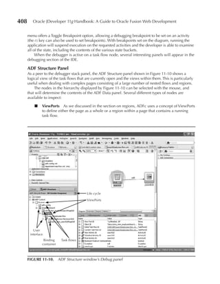 408      Oracle JDeveloper 11g Handbook: A Guide to Oracle Fusion Web Development


      menu offers a Toggle Breakpoint option, allowing a debugging breakpoint to be set on an activity
      (the f5 key can also be used to set breakpoints). With breakpoints set on the diagram, running the
      application will suspend execution on the requested activities and the developer is able to examine
      all of the state, including the contents of the various state buckets.
           When the debugger is active on a task flow node, several interesting panels will appear in the
      debugging section of the IDE.

      ADF Structure Panel
      As a peer to the debugger stack panel, the ADF Structure panel shown in Figure 11-10 shows a
      logical view of the task flows that are currently open and the views within them. This is particularly
      useful when dealing with complex pages consisting of a large number of nested flows and regions.
          The nodes in the hierarchy displayed by Figure 11-10 can be selected with the mouse, and
      that will determine the contents of the ADF Data panel. Several different types of nodes are
      available to inspect:

          ■    ViewPorts As we discussed in the section on regions, ADFc uses a concept of ViewPorts
               to define either the page as a whole or a region within a page that contains a running
               task flow.




                                          Life cycle
                                          ViewPorts




         User
       interface
                Binding    Task flows
               container



      FIGuRe 11-10. ADF Structure window’s Debug panel
 