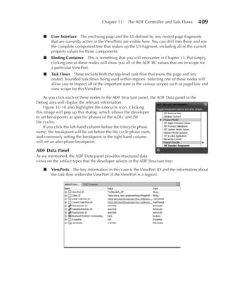 Chapter 11: The ADF Controller and Task Flows            409

    ■   user Interface The enclosing page and the UI defined by any nested page fragments
        that are currently active in the ViewPorts are visible here. You can drill into these and see
        the complete component tree that makes up the UI fragment, including all of the current
        property values for those components.
    ■   Binding Container This is something that you will encounter in Chapter 13. Put simply,
        clicking one of these nodes will show you all of the ADF BC values that are in scope for
        a particular ViewPort.
    ■   Task Flows These include both the top-level task flow that owns the page and any
        nested, bounded task flows being used within regions. Selecting one of these nodes will
        allow you to inspect all of the important state in the various scopes such as pageFlow and
        view scope for this ViewPort.

     As you click each of these nodes in the ADF Structure panel, the ADF Data panel in the
Debug area will display the relevant information.
     Figure 11-10 also highlights the Lifecycle icon. Clicking
this image will pop up this dialog, which allows the developer
to set breakpoints at specific phases of the ADFc and JSF
life cycles.
     If you click the left-hand column before the Lifecycle phase
name, the breakpoint will be set before the life cycle phase starts,
and conversely setting the breakpoint in the right-hand column
will set an after-phase breakpoint.

ADF Data Panel
As we mentioned, the ADF Data panel provides structured data
views on the artifact types that the developer selects in the ADF Structure tree:

    ■   ViewPorts The key information in this case is the ViewPort ID and the information about
        the task flow within the ViewPort (if the ViewPort is a region).
 