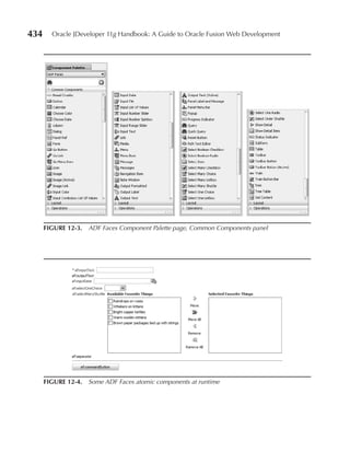 434     Oracle JDeveloper 11g Handbook: A Guide to Oracle Fusion Web Development




      FIGuRe 12-3. ADF Faces Component Palette page, Common Components panel




      FIGuRe 12-4. Some ADF Faces atomic components at runtime
 