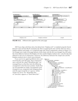 Chapter 12: ADF Faces Rich Client         447




            blafplus-rich                  blafplus-medium                      simple

FIGuRe 12-5. Different skins applied to the same page



    ADF Faces ships with three skins; the default skin “blafplus-rich” is modeled using the Oracle
Browser Look and Feel (BLAF) standards; the effect of applying this skin and the other two skins—
blafplus-medium and simple—to a simple JSF page with various components is shown in Figure 12-5.
No changes were made to the page between screen shots; only the skin was changed. You will notice
the minor difference between the blafplus-rich skin and the blafplus-medium skin—only the tabs look
different in this set of components. However, the difference between the simple skin and the
blafplus-medium skin is much more dramatic.
    If you want to try applying different skins and
rerunning this same JSF page, drop components
into a new JSF file called “skinsDemo.jspx” (no
managed bean) so that they form the following
arrangement in the Structure window. Nodes that
are not expanded are empty. No properties were
changed on any component after dropping them
onto the page except the af:spacer, whose
Height was set to “50.” Remember that
af:menuBar appears as “Panel Menu Bar.”
 