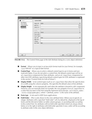 Chapter 13: ADF Model Basics           459




FIGUre 13-2. The Control Hints page of the Edit Attribute dialog for a view object definition



    ■   Format Allows you to type in an Java-style format mask for your format, for example,
        “yyyy-MM-dd” as a typical date format.
    ■   Control Type Allows you to select a default control type to use in forms and non-
        read-only tables. If you do not select a control hint, the default control type will be an
        af:inputDate component for Date attributes, and an af:inputText component for
        other non-LOV attributes (specifying default control types for LOV attributes is explained
        in the section “Control Hints for Lists of Values”).
    ■   Display Width Is for control types (such as af:inputText) that allow the specification
        of a width using the columns property, this specifies the default value of that attribute.
    ■   Display Height Is not automatically used when the attribute is bound to a JSF component.
        However, you can manually bind, for example, the rows property of an af:inputText to
        a value that you store in this hint using the expression #{bindings.<attribute_name>
        .hints.displayHeight}, where “<attribute_name>” is the name of the attribute.
    ■   Form type    Is not used in ADF Faces applications.
    ■   Field Order (This is only shown in the view attribute hints.) Allows you to specify an
        integer. Attributes with a specified “field order” will, by default be, displayed at the top of
        forms and the left end of tables (or table column groups), in ascending order according
        to this control hint. For attributes with no field order specified (which are always shown
        below or to the right of attributes with field order specified, if any), order will be according
        to attribute order in the view object definition.
 