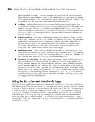 466      Oracle JDeveloper 11g Handbook: A Guide to Oracle Fusion Web Development


              DepartmentTree view object instance, accessed through a view link instance from the
              DepartmentSelector view object instance. The important feature here is that any nested
              collection (or attributes of that collection) will reveal data only within the context of, and
              coordinated with, the associated master row in the master collection.
          ■   Attribute Individual data elements are exposed either at the top level of a data
              control or by expanding data collections. In the case of data controls for application
              module instances, there are no attributes at the top level of the data control, but
              there are attributes corresponding to each view attribute under the appropriate data
              collection. These can be dragged onto the page to bind the individual attributes to
              the user interface (UI).
          ■   Collection criteria Every view object instance–based data collection always contains
              at least one “collection criteria” node, labeled “All Queriable Attributes.” This represents
              a query-by-example search across all view attributes that are marked “Queriable” in
              the View Attribute page of the Attribute Editor for view attributes. In addition, data
              collections corresponding to view object instances with named view criteria have
              collection criteria nodes for each named view criteria object.
          ■   Built-in operations This is a special method type provided by ADFm itself rather than
              being written by you. Operations are common across one or more types of data controls
              and may apply at the data control level (as shown here with Commit and Rollback) or at
              the collection level. We will look at operations in more detail later.
          ■   Custom service operations Any data control may expose custom methods that can be
              executed from the UI. In the case of ADF BC data controls, application module–level
              service methods appear at the data control level, and view object– and view row–level
              service methods appear at the collection level. Methods can be bound in different ways:
              to provide a way to run them, to provide any parameters (arguments), and to gain access
              to their results. The method displayed in the Data Controls panel can be expanded to give
              the developer access to these parameters and results. In Figure 13-3, you can see that
              createNewImageForEmployee() takes a Number parameter called employeeId, and
              a String parameter called imageName.


      Using the Data Controls Panel with Pages
      The Data Controls panel represents the data and methods that developers can use, or bind to, in
      their pages and task flow activities. The act of creating a usage of data by a user interface element
      or activity is, therefore, referred to as data binding. The primary use of the Data Controls panel is
      to create bindings by dragging and dropping nodes from the Data Controls panel onto a page
      or activity. For example, if you need to create a page showing an editable table of Employee
      information, you would drag and drop the EditEmployee collection icon in the Data Controls
      panel onto the page, as shown in Figure 13-4. When you release the mouse button, a menu
      will pop up as Figure 13-4 also shows, so that you can choose the kind of user interface element
      (or elements) to create.
 