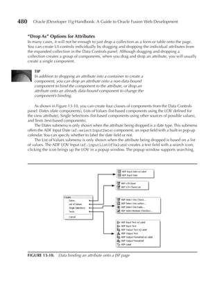480      Oracle JDeveloper 11g Handbook: A Guide to Oracle Fusion Web Development


      “Drop As” Options for Attributes
      In many cases, it will not be enough to just drop a collection as a form or table onto the page.
      You can create UI controls individually by dragging and dropping the individual attributes from
      the expanded collection in the Data Controls panel. Although dragging and dropping a
      collection creates a group of components, when you drag and drop an attribute, you will usually
      create a single component.

          TIP
          In addition to dropping an attribute into a container to create a
          component, you can drop an attribute onto a non-data-bound
          component to bind the component to the attribute, or drop an
          attribute onto an already data-bound component to change the
          component’s binding.

          As shown in Figure 13-10, you can create four classes of components from the Data Controls
      panel: Dates (date components), Lists of Values (list-based components using the LOV defined for
      the view attribute), Single Selections (list-based components using other sources of possible values),
      and Texts (text-based components).
          The Dates submenu is only shown when the attribute being dropped is a date type. This submenu
      offers the ADF Input Date (af:selectInputDate) component, an input field with a built-in pop-up
      calendar. You can specify whether to label the date field or not.
          The List of Values submenu is only shown when the attribute being dropped is based on a list
      of values. The ADF LOV Input (af:inputListOfValues) creates a text field with a search icon;
      clicking the icon brings up the LOV in a popup window. The popup window supports searching,




      FIGUre 13-10. Data binding an attribute onto a JSF page
 