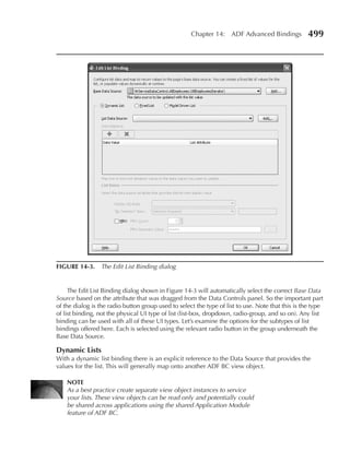 Chapter 14: ADF Advanced Bindings              499




FIGurE 14-3. The Edit List Binding dialog


     The Edit List Binding dialog shown in Figure 14-3 will automatically select the correct Base Data
Source based on the attribute that was dragged from the Data Controls panel. So the important part
of the dialog is the radio button group used to select the type of list to use. Note that this is the type
of list binding, not the physical UI type of list (list-box, dropdown, radio-group, and so on). Any list
binding can be used with all of these UI types. Let’s examine the options for the subtypes of list
bindings offered here. Each is selected using the relevant radio button in the group underneath the
Base Data Source.

Dynamic Lists
With a dynamic list binding there is an explicit reference to the Data Source that provides the
values for the list. This will generally map onto another ADF BC view object.

    nOTE
    As a best practice create separate view object instances to service
    your lists. These view objects can be read only and potentially could
    be shared across applications using the shared Application Module
    feature of ADF BC.
 