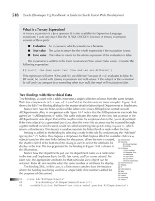 518     Oracle JDeveloper 11g Handbook: A Guide to Oracle Fusion Web Development



         What Is a Ternary Expression?
         A ternary expression is a Java operator. It is also available for Expression Language
         constructs; it acts very much like the PL/SQL DECODE function. A ternary expression
         consists of three parts:

             ■   Evaluation    An expression, which evaluates to a Boolean.
             ■   True value    The value to return for the whole expression if the evaluation is true.
             ■   False value   The value to return for the whole expression if the evaluation is false.

              The expression is written in the form: (evaluation)?(true value):(false value). Consider the
         following expression:
         #{(1==2)? 'One does equal two':'One and two are different'}

         This expression will print “One and two are different” because (1==2) evaluates to false. In
         JSF work, be careful with ternary expressions and null values. If the subject of the evaluation
         is null and you compare it to something other than null, the result will evaluate to false.



      Tree Bindings with Hierarchical Data
      Tree bindings, as used with a table, represent a single collection of rows from the same iterator.
      With tree components (af:tree, af:treeTable) the data sets are more complex. Figure 14-8
      shows the Edit Tree Binding dialog for the master-detail relationship of Departments to Employees.
           Notice here how the Rules section of the editor now shows AllEmployees nested beneath
      AllDepartments. Also, in comparison with Figure 14-7 notice that the AllDepartments root node has
      gained an “(<AllEmployees>)” suffix. This suffix indicates the name of the view link accessor in the
      AllDepartments view object that will be used to relate the employee data to the parent department.
      If the view object has a generated Java class, then this view link accessor may be exposed through
      a getter method, in which case it would be called something like getAllEmployees(), which
      returns a RowIterator. This iterator is used to populate the linked level or node within the tree.
           Nesting is added to the binding by selecting a node in the rule list and pressing the “Add rule”
      (green plus “+”) button. This displays a dropdown list that displays all of the available child view
      objects based on the view links defined for the parent. When the rule is created,
      the shuttle control at the bottom of the dialog is used to select the attributes for
      display in the tree. The tree populated by the binding in Figure 14-8 is shown in
      this illustration.
           Notice how the Departments just use the department name as a node label
      in the tree and Employees have the ID, first name, and last name printed. For
      each rule, the appropriate attributes for that particular view object can be
      selected. Rules do not need to select the same number of attributes for display.
           The binding XML, in this case, is a little more complex than the instance
      where the binding was being used for a simple table (line numbers added for
      the purposes of discussion).
      01:   <tree id="AllDepartments"
      02:         IterBinding="AllDepartmentsIterator">
      03:     <nodeDefinition DefName="com.tuhra.model.queries.AllDepartments">
 