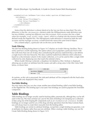 522      Oracle JDeveloper 11g Handbook: A Guide to Oracle Fusion Web Development


        <nodeDefinition DefName="com.tuhra.model.queries.AllEmployees">
          <AttrNames>
            <Item Value="FirstName"/>
            <Item Value="LastName"/>
              </AttrNames>
        </nodeDefinition>
      </tree>

          Notice that this definition is almost identical to the last one that we described. The only
      difference is that the <Accessors> element under the AllDepartments node definition now
      has two children, naming two different view link accessors. Each accessor also has a label
      value (for example, tree.staff.node.label, which is a lookup into the resource bundle
      defined inside the PageDef file). The AllEmployees node definition is shared by both the staff
      accessor and the manager accessor, as both ViewLinks return that same kind of object.
          On a related subject, a particular rule on the tree can be filtered.

      node Filtering
      The Edit Tree Binding dialog shown in Figure 14-7 displays an Enable Filtering checkbox. This is
      rarely used but is worth explaining. This option allows you to populate a particular level in the
      tree with more than one set of data, thus contradicting the previous statement that a rule defines
      a single level in the tree hierarchy. This data could be loaded from different child collections
      based on a discriminator column in the master collection, or it can be used to filter a single child
      collection by only displaying rows that match the entered criteria.
          When Enable Filtering is selected, a dropdown list labeled as Filter Attribute is displayed,
      allowing you to select an attribute from the master and add a string value in the Filter Value field
      below, as shown here:




      At runtime, as this rule is processed, the indicated attribute will be compared with the fixed value
      and the node only displayed if they match.

      TreeTable Binding
      You may notice that you can also create another tree-related binding called a treeTable binding
      in the PageDef file. This binding type is not used. Tree bindings are used to populate the TreeTable
      component.

      Table Bindings
      Table bindings are no longer actually used for backing tables automatically, although they can be still
      used in that way. The most common use case for this style of binding is for stamping out a collection
      of data using one of the looping JSF components such as af:forEach or af:iterator. As table
      bindings are no longer used for any of the drag and drop operations from the Data Controls Panel,
      you will always have to create them manually from the binding editor.
          Table bindings are similar to attribute bindings, except that a single binding encapsulates a set
      of attributes for display rather than just one attribute. When creating a table binding, you use the
      Create Table Binding dialog shown in Figure 14-9.
 