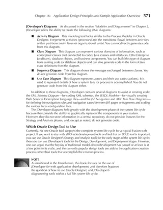 Chapter 16: Application Design Principles and Sample Application Overview                 571

JDeveloper’s Diagrams       As discussed in the section “Modeler and Diagrammers” in Chapter 2,
JDeveloper offers the ability to create the following UML diagrams:

    ■    Activity Diagram This modeling tool looks similar to the Process Modeler in Oracle
         Designer. It represents activities (processes) and the transitions (flows) between activities
         within partitions (swim lanes or organizational units). You cannot directly generate code
         from this diagram.
    ■    Class Diagram This diagram can represent various domains of information, such as
         conceptual classes (not connected to code), Java classes and interfaces, EJBs (Enterprise
         JavaBeans), database objects, and business components. You can build this type of diagram
         from existing code (or database objects) and can also generate code in the form of Java
         class definitions from the diagram.
    ■    Sequence Diagram This diagram shows the messages exchanged between classes. You
         do not generate code from this diagram.
    ■    Use Case Diagram This diagram represents actors and their use cases (actions). It is
         used to represent details of how a system task (or process) is accomplished. You do not
         generate code from this diagram either.

    In addition to these diagrams, JDeveloper contains several diagrams to assist in creating code:
the XML Schema Diagram—for coding XML schemas, the WSDL Modeler—for visually creating
Web Services Description Language files—and the JSF Navigation and ADF Task Flow Diagrams—
for defining the navigation rules and navigation cases between JSF pages or fragments and coding
the various faces configuration files.
    The JDeveloper diagrams help greatly with the development phase of the system life cycle
because they provide the ability to graphically represent the components in your system.
However, they do not store information in a central repository, do not provide features for the
Strategy and Analysis phases, and, except as noted, do not generate code.

Which Oracle Design Tool to Use
Currently, no one Oracle tool supports the complete system life cycle for a typical Fusion web
project. If you want to stay with all Oracle development tools and feel that an SDLC tool is important,
you can use Oracle Designer’s Strategy and Analysis tools for the early stages of the system life cycle;
then you can use JDeveloper’s tools for the Design, Development, and Deployment stages. However,
one can argue that the heyday of traditional model-driven development has passed or at least is at
a low point in its cycle, and the currently popular design tools are aids to the application creation
process rather than tools that accomplish the creation process.

    NOTE
    As mentioned in the Introduction, this book focuses on the use of
    JDeveloper for web application development, and therefore bypasses
    the question of how to use Oracle Designer, and JDeveloper’s
    diagramming tools within a full life system life cycle.
 