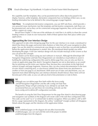 574     Oracle JDeveloper 11g Handbook: A Guide to Oracle Fusion Web Development


      this capability. Just like templates, they can be parameterized to allow data to be passed in for
      display; however, unlike templates, declarative components have no bindings of their own, so any
      binding information has to be defined in the consuming page or page fragment.

      Task Flows    To complement declarative components, you use ADF task flows, which provide a
      very powerful reuse mechanism. Just like templates and declarative components, task flows can
      be parameterized, and as they can be constructed using page fragments, they can be used inline
      within a region on a page.
          Recall from Chapter 11 that one of the attributes of a task flow is its ability to share the current
      binding context or create its own transaction. Both of these options have their place within your
      applications.

      Approaching the User Interface Design
      One approach to take when designing page flow for the user interface is to create a storyboard or
      sketch that shows the pages and action items (buttons or links) that will cause navigation to other
      pages. You use this sketch to communicate your design to users so that they can provide feedback
      before the application development is started. Also, this storyboard sketch guides you while
      developing the pages. A full user interface design will also include mockups of the screens so that
      you can prove the concepts.
           This sketch can be drawn using any tool (software or manual). Although the JDeveloper JSF
      Navigation Diagrammer and Task Flow Diagrammers are intended as visual editors to assist in
      building the underlying configuration files used to define page flow, you can also use them to
      create an application page flow sketch. Navigation diagrams are not as descriptive as we would
      like for planning out the entire user interface flow, because they concentrate on the high-level
      artifacts of pages and page fragments. However, they can also contain documentation in the form
      of notes (boxes containing text), or attachments (dotted lines drawn from one attachment to
      another or from one page to an attachment). With smart use of notes and attachments, you can
      represent more detail defining how user interface elements should interact; these items will not
      become part of the code, so you can add any kind of documentation or note to them.

          TIP
          Although you can define page flow both within the faces-config
          .xml JSFNavigation Diagrammer and the adfc-config.xml Task Flow
          Diagrammer, things will get confusing if you attempt to use both. We
          recommend that you use task flows for everything and only use the
          faces-config.xml to define JSF configuration overrides.

           The benefit of using the Task Flow Diagrammer for the page flow sketch is that drawing page
      and navigation case symbols on the diagram will create code in the task flow configuration files.
      This code can be used “as is” or refined later to define navigation. When you define a JSP or JSFF
      file for a page represented on the diagram, the yellow “undefined” triangle symbol will disappear.
      Details about the pages and the intention of the application follow.

          NOTE
          Since undefined pages on the diagram do not affect functionality
          of defined pages, you can wait until the end of the project to delete
          undefined pages from the diagram.
 
