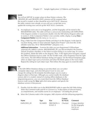 Chapter 17:     Sample Application: UI Patterns and Templates       607

NOTe
You will set ADF BC to assign values to these history columns. The
CREATED_BY and CREATED_DATE columns will be assigned when
the record is created, so they should be set to NOT NULL. However,
the table contains rows already, so you will run a script later on to
update the existing rows and set up the NOT NULL constraints.

5. An employee owns one or no biographies, and the biography will be stored in the
   BIOGRAPHIES table. This table will have a zero-or-one relationship with EMPLOYEES.
   If the diagram window is maximized, double click the HR Schema Diagram editor tab
   to restore it. If the Component Palette is not currently visible, display it using View |
   Component Palette from the menu or ctrl-shift-p.
6. Drag a Table from the Component Palette and drop it on the diagram. In the Specify
   Location dialog, select or leave selected “Application Project” and click OK. In the
   editable name box, fill in “BIOGRAPHIES” and press enter.
    Additional Information: Examine the table you just diagrammed. If JDeveloper
    automatically added a column, BIOGRAPHIES_ID, you did not deselect the Initialize
    Default Templates checkbox in the Select Location dialog in an earlier step. To correct
    this problem, delete the table on the diagram. Then, in the Application Navigator, expand
    the Offline Database Sources node. On the TUHRA node, select Properties from the right-
    click menu. The Edit Offline Database dialog will appear. On the Default Templates page,
    select an object type such as Functions and select the blank option in the Name field.
    Repeat this setting for each object type. Then follow this step again to create the table.

TIP
In the Edit Offline Database dialog we just described, you can select
a template object type, and click Edit (pencil icon) to view and
change the settings for the template that JDeveloper uses to create a
diagram object of that type. Although you cannot modify the database
version after it is created, instead of creating offline databases in the
diagramming process, you can create them from the Offline Database
Sources node (using the New right-click menu option) and specify the
database version in that process.

7. Double click the table icon in the BIOGRAPHIES table to open the Edit Table dialog.
   Select the Comment node and fill in Comment as “A description of relevant history,
   accomplishments, and notable events for an employee.” (including the period).
8. Select the Columns node in the navigator. Add columns with the following properties:

                                                               Cannot
    Name                       Type          Size              be NuLL      Comment
    EMPLOYEE_ID                NUMBER        PRECISION: 6      Checked      Unique identifier
                                             SCALE: 0                       for the biography
                                                                            text for an
                                                                            employee.
 