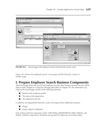 Chapter 18:   Sample Application: Search Page      629




FIGurE 18-1. Search page with employee search and hierarchy viewer areas



Figure 18-1 shows the employee search in one page and the hierarchy viewer in
another page.


I. Prepare Employee Search Business Components
The search page allows the user to find employee records. After finding a record, the user will be
able to make changes to it using the edit page (described in Chapter 19). The information you
need on the search page consists of the following elements:

    ■   Details of the employee profile
    ■   The name of the department
    ■   The employee’s job title

In addition, the departments hierarchy viewer will require these additional elements:

    ■   Images
    ■   Image usage by employees

Each of these elements represents a table: EMPLOYEES, DEPARTMENTS, JOBS, IMAGES, and
IMAGE_USAGES, respectively. This phase sets up ADF BC objects for all of these tables.
 