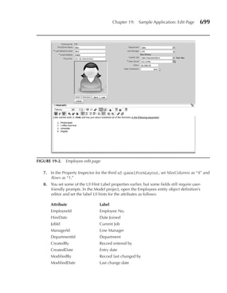 Chapter 19:    Sample Application: Edit Page       699




FIGURe 19-2. Employee edit page

   7. In the Property Inspector for the third af:panelFormLayout, set MaxColumns as “4” and
      Rows as “1.”
   8. You set some of the UI Hint Label properties earlier, but some fields still require user-
      friendly prompts. In the Model project, open the Employees entity object definition’s
      editor and set the label UI hints for the attributes as follows:

       Attribute                   Label
       EmployeeId                  Employee No.
       HireDate                    Date Joined
       JobId                       Current Job
       ManagerId                   Line Manager
       DepartmentId                Department
       CreatedBy                   Record entered by
       CreatedDate                 Entry date
       ModifiedBy                  Record last changed by
       ModifiedDate                Last change date
 