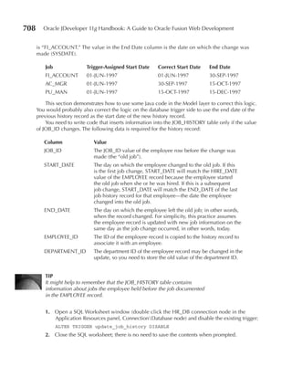 708      Oracle JDeveloper 11g Handbook: A Guide to Oracle Fusion Web Development


      is “FI_ACCOUNT.” The value in the End Date column is the date on which the change was
      made (SYSDATE).

         Job                Trigger-Assigned Start Date    Correct Start Date     end Date
         FI_ACCOUNT         01-JUN-1997                    01-JUN-1997            30-SEP-1997
         AC_MGR             01-JUN-1997                    30-SEP-1997            15-OCT-1997
         PU_MAN             01-JUN-1997                    15-OCT-1997            15-DEC-1997

          This section demonstrates how to use some Java code in the Model layer to correct this logic.
      You would probably also correct the logic on the database trigger side to use the end date of the
      previous history record as the start date of the new history record.
          You need to write code that inserts information into the JOB_HISTORY table only if the value
      of JOB_ID changes. The following data is required for the history record:

         Column                Value
         JOB_ID                The JOB_ID value of the employee row before the change was
                               made (the “old job”).
         START_DATE            The day on which the employee changed to the old job. If this
                               is the first job change, START_DATE will match the HIRE_DATE
                               value of the EMPLOYEE record because the employee started
                               the old job when she or he was hired. If this is a subsequent
                               job change, START_DATE will match the END_DATE of the last
                               job history record for that employee—the date the employee
                               changed into the old job.
         END_DATE              The day on which the employee left the old job; in other words,
                               when the record changed. For simplicity, this practice assumes
                               the employee record is updated with new job information on the
                               same day as the job change occurred, in other words, today.
         EMPLOYEE_ID           The ID of the employee record is copied to the history record to
                               associate it with an employee.
         DEPARTMENT_ID         The department ID of the employee record may be changed in the
                               update, so you need to store the old value of the department ID.


         TIP
         It might help to remember that the JOB_HISTORY table contains
         information about jobs the employee held before the job documented
         in the EMPLOYEE record.


         1. Open a SQL Worksheet window (double click the HR_DB connection node in the
            Application Resources panel, ConnectionDatabase node) and disable the existing trigger:
               ALTER TRIGGER update_job_history DISABLE
         2. Close the SQL worksheet; there is no need to save the contents when prompted.
 