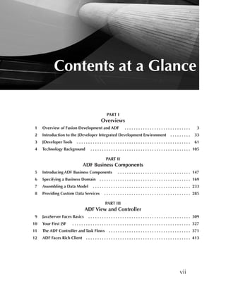 Contents at a Glance

                                                                                PART I
                                                                        Overviews
 1   Overview of Fusion Development and ADF                                                              .  .  .  .  .  .  .  .  .  .  .  .  .  .  .  .  .  .  .  .  .  .  .  .  .  .  .  .  .   3
 2   Introduction to the JDeveloper Integrated Development environment                                                                                               .  .  .  .  .  .  .  .  .   33
 3   JDeveloper Tools                     .  .  .  .  .  .  .  .  .  .  .  .  .  .  .  .  .  .  .  .  .  .  .  .  .  .  .  .  .  .  .  .  .  .  .  .  .  .  .  .  .  .  .  .  .  .  .  .  .  .   61
 4   Technology Background                                  .  .  .  .  .  .  .  .  .  .  .  .  .  .  .  .  .  .  .  .  .  .  .  .  .  .  .  .  .  .  .  .  .  .  .  .  .  .  .  .  .  .  .  . 105

                                                                               PART II
                                                ADF Business Components
 5   Introducing ADF Business Components                                                        .  .  .  .  .  .  .  .  .  .  .  .  .  .  .  .  .  .  .  .  .  .  .  .  .  .  .  .  .  .  .  . 147
 6   Specifying a Business Domain                                       .  .  .  .  .  .  .  .  .  .  .  .  .  .  .  .  .  .  .  .  .  .  .  .  .  .  .  .  .  .  .  .  .  .  .  .  .  .  .  . 169
 7   Assembling a Data Model                                   .  .  .  .  .  .  .  .  .  .  .  .  .  .  .  .  .  .  .  .  .  .  .  .  .  .  .  .  .  .  .  .  .  .  .  .  .  .  .  .  .  .  . 233
 8   Providing Custom Data Services                                           .  .  .  .  .  .  .  .  .  .  .  .  .  .  .  .  .  .  .  .  .  .  .  .  .  .  .  .  .  .  .  .  .  .  .  .  .  . 285

                                                                              PART III
                                                   ADF View and Controller
 9   JavaServer Faces Basics                             .  .  .  .  .  .  .  .  .  .  .  .  .  .  .  .  .  .  .  .  .  .  .  .  .  .  .  .  .  .  .  .  .  .  .  .  .  .  .  .  .  .  .  .  . 309
10   Your First JSF                  .  .  .  .  .  .  .  .  .  .  .  .  .  .  .  .  .  .  .  .  .  .  .  .  .  .  .  .  .  .  .  .  .  .  .  .  .  .  .  .  .  .  .  .  .  .  .  .  .  .  .  . 327
11   The ADF Controller and Task Flows                                              .  .  .  .  .  .  .  .  .  .  .  .  .  .  .  .  .  .  .  .  .  .  .  .  .  .  .  .  .  .  .  .  .  .  .  . 371
12   ADF Faces Rich Client  .  .  .  .  .  .  .  .  .  .  .  .  .  .  .  .  .  .  .  .  .  .  .  .  .  .  .  .  .  .  .  .  .  .  .  .  .  .  .  .  .  .  .  .  .  . 413




                                                                                                                                                                                vii
 