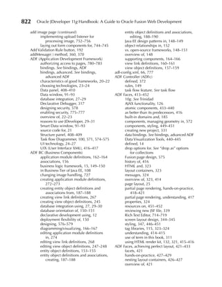 822   Oracle JDeveloper 11g Handbook: A Guide to Oracle Fusion Web Development

  add image page (continued)                                entity object definitions and associations,
        implementing upload listener for                        editing, 188–190
           processing image, 752–756                        Java EE design patterns in, 148–149
        laying out form components for, 744–745             object relationships in, 152
  Add Validation Rule button, 192                           vs. open-source frameworks, 148–151
  addMessage( ) method, 360, 370                            overview of, 148
  ADF (Application Development Framework)                   supporting components, 164–166
        authorizing access to pages, 780–783                view link definitions, 160–161
        bindings. See bindings, ADF                         view object definitions, 157–159
        bindings, advanced. See bindings,             adf-config.xml, 66, 777
           advanced ADF                               ADF Controller (ADFc)
        characteristics of good frameworks, 20–22           defined, 372
        choosing technologies, 23–24                        rules, 149
        Data panel, 408–410                                 task flow feature. See task flow
        Data window, 91–93                            ADF Faces, 413–452
        database integration, 27–29                         10g. See Trinidad
        Declarative Debugger, 317                           AJAX functionality, 126
        designing security, 578                             atomic components, 433–440
        enabling security, 775–777                          as better than its predecessors, 416
        overview of, 22–23                                  built-in domains and, 185
        reasons to use JDeveloper, 29–31                    components, managing geometry in, 572
        Smart Data window, 91–93                            components, styling, 449–451
        source code for, 21                                 creating new project, 331
        Structure panel, 408–409                            data bindings. See bindings, advanced ADF
        Task flow Diagrammer, 100, 571, 574–575             Data Visualization Tools, 440–445
        UI technology, 24–27                                defined, 14
        UIX (User Interface XML), 416–417                   drop options for. See “drop as” options
  ADF BC (Business Components)                                  for collections
        application module definitions, 162–164             Fusion page design, 575
        associations, 156                                   history of, 416
        business logic framework, 15, 149–150               HTML and, 323
        in Business Tier of Java EE, 108                    layout containers, 323
        changing image handling, 727                        messages, 324
        creating application module definitions,            overview of, 323, 414
           272–273                                          page layout, 25
        creating entity object definitions and              partial page rendering, hands-on-practice,
           associations from, 187–188                           418–421
        creating view link definitions, 267                 partial page rendering, understanding, 417
        creating view object definitions, 245               properties, 324
        database integration using, 27, 29–30               resources on, 451–452
        database orientation of, 150–151                    reviewing new JSF file, 339
        declarative development using, 12                   Rich Text Editor, 714–719
        deployment flexibility of, 150                      screen layout design, 344–345
        designing, 576–579                                  styling, 347, 446–451
        diagramming/visualizing, 166–167                    tag libraries, 115, 323–324
        editing application module definitions              understanding, 414–415
           in, 274                                          use of term in this book, 311
        editing view link definitions, 268                  using HTML render kit, 132, 321, 415–416
        editing view object definitions, 247–248      ADF Faces, achieving perfect layout, 421–433
        entity object definitions, 153–155                  facets, 421
        entity object definitions and associations,         hands-on-practice, 427–429
           creating, 187–188                                nesting layout containers, 426–427
                                                            overview of, 421
 