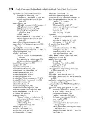 824   Oracle JDeveloper 11g Handbook: A Guide to Oracle Fusion Web Development

  af:panelHeader component (continued)             af:treetable component, 479
         adding to JSF home page, 355              af:validateRegExp component, 438
         adding visual components to page, 348     agility, of Fusion Architecture frameworks, 12
         using component properties to align       AJAX (Asynchronous JavaScript and XML)
             field, 430                                    creating PPR, 418–421
  af:panelHeader tag                                       defined, 25–26
         adding JSF components to home page, 355           JSF compatibility of, 26–27
         adding layout containers, 347                     modern user interfaces requiring, 24
         adding visual components, 348                     overview of, 125–126
         changing ADF Navigation List                      resources on, 127
             properties, 474                               steps for using, 126–127
         defined, 344–345                          alignment
         setting styles for JSF components, 358            using component properties for field,
         using component properties to align                   429–432
             field, 430                                    using layout containers, 422–425
  af:panelHeaderLayout component, 422                      using spacers for field, 427–429
  af:panelLabelAndMessage component, 419,          alt text, interface design, 573
      426, 435                                     alternate keys
  af:panelSplitter component, 423–424                      entity object definition, 185–186
  af:panelStretchLayout component, 424–425, 445            finding rows by, 295
  af:popup component, 426                                  performing lookups with, 186
  af:query component                                       view object definition, 245
         “drop-as” options for named criteria,     always option, binding executables, 546
             481–482                               Apache Ant, running, 51
         Find operation on collection vs., 526     Apache Struts framework
         using searchRegion executable, 544                defined, 18
  af:quickQuery component, 544                             Struts Page Flow Modeler, 100
  af:region, 395–396                                       tooling and, 20–21
  af:resource component, 742                       Apache Trinidad, 14, 25
  af:SelectBooleanCheckbox, 535                    APIs (application programming interfaces),
  af:selectInputDate component, 480                    of good frameworks, 20
  af:selectManyCheckbox, 472                       applets, 113–114
  af:selectManyChoice, 471–472                     application clients, Java EE, 111–114
  af:selectManyListbox, 472                        application configuration file. See faces-config
  af:selectManyShuttle component, 435, 473             .xml file
  af:selectOneChoice component, 435, 506           application configuration resource file.
  af:SelectOneListbox, 506                             See faces-config.xml file
  af:SelectOneRadio, 506                           Application Console, WLS (WebLogic Server),
  af:separator component, 435                          806–808
  af:setClientListener component, 318              application design, principles of, 565–582
  af:showPopupBehavior component, 438                      achieving common look and feel, 572–573
  af:spacer component, 358, 427–429                        ADF BC design, 576–579
  af:spinBox. See spin box                                 business requirements, 569
  af:table component                                       creating custom skin, 581–582
         “drop as” options for collections, 475            declarative components, 573–574
         setting master drill-down feature, 445            page templates, 573
         tree binding, 516                                 reusability, 573
         understanding, 478                                sample application. See application
         using table bindings, 524                             design, sample
  af:template tag, 573                                     setting standard for scrolling and screen
  af:toolbar component, 426                                    resolution, 572
  af:train component, 397–401                              system design tools and SDLC, 569–571
  af:trainButtonBar, 399–400                               task flows, 574
 