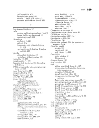 Index      829
      ADF navigation, 474                                entity definition, 173–174
      bypassing train model, 401                         entity object, 171–173
      creating PPR with ADF Faces, 419                   framework buffer, 579–581
      problems with Back and Refresh, 356                object orientation in Java, 132
                                                         object type domain, 185
                                                         view definition, 237
                      C                                  view object, 235–236
                                                         view row, 236–237
C++, Java evolving from, 129
                                                  Classes window, debugger, 92
cache
                                                  Clean <project_name>, Build menu, 51
       creating and deleting rows from, 296–297
                                                  ClickListener, graphs, 445
       Fusion Architecture framework, 12
                                                  client authentication, HTTP, 776
       navigating through, 295
                                                  client interfaces, 288–290
calculations
                                                  Client Listener, 742
       attribute, 217–220
                                                  client service methods, 286. See also custom
       defined, 216
                                                      service methods
       in extended entity object definitions,
                                                  Client Tier, Java EE
           231–232
                                                         applets, 113
       synchronizing with database defaulting
                                                         overview of, 108
           and, 220–228
                                                         web clients, 114–118
calendar
                                                  Close option
       af:inputDate displaying, 435
                                                         editor window, 42
       vertical axis of Gantt chart as, 470
                                                         File menu, 46
cardinality, 177–179
                                                  closures, Groovy, 142
cascade delete, 713–714
                                                  .cmd extension, 803
Cascading Style Sheets. See CSS (Cascading
                                                  code
   Style Sheets)
                                                         adding around task flows, 404–407
CASE (computer-aided software engineering)
                                                         commenting. See Toggle Line Comments,
   tools, 569–571
                                                             in the source menu
cases, Router activity, 384
                                                         compiling PL/SQL, 86–87
categories, binding, 492–494
                                                         completion, Code Editor, 82
Category control hint, 460
                                                         comparisons. See Compare With
cells, ADF Pivot tables, 377
                                                             submenu
change indicators
                                                         Fusion using least amount of possible, 11
       Application Navigator, 66
                                                         generating/organizing with JDeveloper, 34
       entity object definitions, 283
                                                         generating with UML diagrams, 98
ChangeEventPolicy property, iterator
                                                         Java EE styles, application clients, 112–114
   execution, 540
                                                         Java EE styles, overview of, 111
Check for Updates, Help menu, 54, 57
                                                         Java EE styles, Web clients, 114–118
checkboxes, rendering, 471, 472
                                                         organization of Java, 131
Choice List, LOV control hints, 463–464
                                                         refactoring, 49
Class diagram, UML, 571
                                                         thick database vs. SOA architecture, 10–11
class libraries, ADF Faces, 415
                                                         train flow, 400
class selectors, CSS, 138
                                                         writing using ADFm, 559–562
classes
                                                  code assistance, syntax errors, 740
       application module, 269–270
                                                  code auditing tool, 95, 594–596
       application module definition, 270–271
                                                  Code Editor
       creating Model framework superclasses,
                                                         breadcrumbs, 85
           612–613
                                                         Code Insight and Tag Insight, 83–84
       custom framework. See custom
                                                         Code Templates, 82–83
           framework classes
                                                         CSS editing with, 88–89
       editing custom entity, 189
                                                         defined, 62
       editing custom view, 248–249
                                                         editing custom entity classes, 189
       entity collection, 174
 