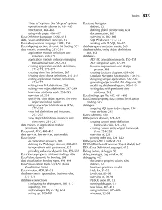 Index     833
       “drop as” options. See “drop as” options      Database Navigator
       operation node subtrees in, 484–485                 defined, 62
       structure of, 464–466                               defining global connections, 604
       using with pages, 466–467                           documentation, 103
Data Definition Language (DDL), 612                        overview of, 100–101
data, Fusion Architecture concepts, 15                     SQL Worksheet, 101–103
Data Manipulation Language (DML), 154                      working with PL/SQL, 86–87
Data Mapping section, dynamic list binding, 501      database query execution mode, 260
data models, assembling, 233–284                     database tables, entity object definitions
       application module definitions and               and, 153
           instances, 268–271                        databases
       application module instances managing               ADF BC orientation towards, 150–151
           transactional state, 282–284                    ADF integration with, 27–29
       creating application module definitions,            business requirements and design
           271–273, 275–277                                   process, 569
       creating view link definitions, 267                 creating database diagram, 603–606
       creating view object definitions, 246–247           Database Navigator functionality, 100–103
       editing application module definitions,             designing sample application, 582–584
           273–277                                         generating objects with UML diagrams, 98
       editing view link definitions, 268                  modifying database diagram, 606–610
       editing view object definitions, 247–249            writing data with persistent view
       how view attributes work, 238–245                      attributes, 243
       overview of, 234                              DataBindings.cpx file, 487, 491–492
       specifying view object queries. See view      DataControl property, data-control level action
           object definition queries                    binding, 525
       using view object definitions as LOVs,        datatypes
           277–282                                         mapping SQL types to Java types, 154
       view link definitions and instances,                view attribute, 245
           263–267                                   Dates submenu, 480
       view object definitions, instances and        DBSequence domain, 221–228
           view rows, 234–237                              creating custom entity definition
data models, in application module                            framework class, 222–224
   definitions, 162                                        creating custom entity object framework
Data panel, ADF, 408–410                                      class, 224–228
data services. See services, custom data                   overview of, 221
Data Source                                                posting order and, 221–222
       as connection resource, 808                   DBSequenceAttr( ) method, 224
       defining for WebLogic domain, 808–810         DCOM (Distributed Common Object Model), 6–7
       for operations with parameters, 532           DDL (Data Definition Language), 612
       providing values for dynamic lists, 499–502   Debug button, debugger, 93
Data Source property, attribute bindings, 496        debug messages, Log window, 80
Data Value, dynamic list binding, 501                debugging, 407
data visualization binding types, 493–494                  declarative property values, 686
Data Visualization Tools. See DVT (Data                    defined, 62
   Visualization Tools)                                    hands-on practices, xl–xlii
Data window, ADF, 91–93                                    Help for, 51–52
database-centric approaches, business rules,               JavaScript, 89–90
   577–578                                                 overview of, 90–91
database connections                                       PL/SQL code, 87, 93
       configuring for deployment, 808–810                 running debugger, 93
       importing, 101                                      task flows, 407–411
       in JDeveloper 10g vs.11g, 604                       using initializer, 405–406
       setting up, 100–101                                 windows, 92–93
 