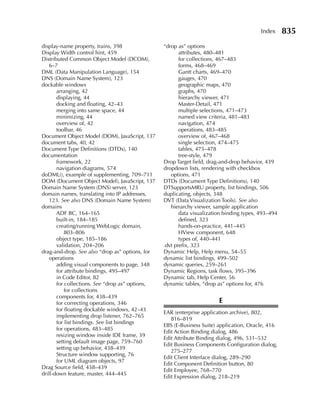 Index     835
display-name property, trains, 398               “drop as” options
Display Width control hint, 459                         attributes, 480–481
Distributed Common Object Model (DCOM),                 for collections, 467–483
    6–7                                                 forms, 468–469
DML (Data Manipulation Language), 154                   Gantt charts, 469–470
DNS (Domain Name System), 123                           gauges, 470
dockable windows                                        geographic maps, 470
       arranging, 42                                    graphs, 470
       displaying, 44                                   hierarchy viewer, 471
       docking and floating, 42–43                      Master-Detail, 471
       merging into same space, 44                      multiple selections, 471–473
       minimizing, 44                                   named view criteria, 481–483
       overview of, 42                                  navigation, 474
       toolbar, 46                                      operations, 483–485
Document Object Model (DOM), JavaScript, 137            overview of, 467–468
document tabs, 40, 42                                   single selection, 474–475
Document Type Definitions (DTDs), 140                   tables, 475–478
documentation                                           tree-style, 479
       framework, 22                             Drop Target field, drag-and-drop behavior, 439
       navigation diagrams, 574                  dropdown lists, rendering with checkbox
doDML(), example of supplementing, 709–711          options, 471
DOM (Document Object Model), JavaScript, 137     DTDs (Document Type Definitions), 140
Domain Name System (DNS) server, 123             DTSupportsMRU property, list bindings, 506
domain names, translating into IP addresses,     duplicating, objects, 348
    123. See also DNS (Domain Name System)       DVT (Data Visualization Tools). See also
domains                                             hierarchy viewer, sample application
       ADF BC, 164–165                                  data visualization binding types, 493–494
       built-in, 184–185                                defined, 323
       creating/running WebLogic domain,                hands-on-practice, 441–445
           803–806                                      HView component, 648
       object type, 185–186                             types of, 440–441
       validation, 204–206                       .dvt prefix, 323
drag-and-drop. See also “drop as” options, for   Dynamic Help, Help menu, 54–55
    operations                                   dynamic list bindings, 499–502
       adding visual components to page, 348     dynamic queries, 259–261
       for attribute bindings, 495–497           Dynamic Regions, task flows, 395–396
       in Code Editor, 82                        Dynamic tab, Help Center, 56
       for collections. See “drop as” options,   dynamic tables, “drop as” options for, 476
           for collections
       components for, 438–439
       for correcting operations, 346                                   E
       for floating dockable windows, 42–43
                                                 EAR (enterprise application archive), 802,
       implementing drop listener, 762–765
                                                    816–819
       for list bindings. See list bindings
                                                 EBS (E-Business Suite) application, Oracle, 416
       for operations, 483–485
                                                 Edit Action Binding dialog, 486
       resizing window inside IDE frame, 39
                                                 Edit Attribute Binding dialog, 496, 531–532
       setting default image page, 759–760
                                                 Edit Business Components Configuration dialog,
       setting up behavior, 438–439
                                                    275–277
       Structure window supporting, 76
                                                 Edit Client Interface dialog, 289–290
       for UML diagram objects, 97
                                                 Edit Component Definition button, 80
Drag Source field, 438–439
                                                 Edit Employee, 768–770
drill-down feature, master, 444–445
                                                 Edit Expression dialog, 218–219
 