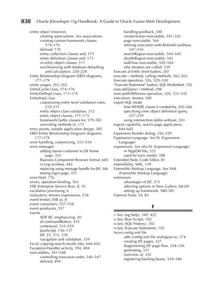 838   Oracle JDeveloper 11g Handbook: A Guide to Oracle Fusion Web Development

  entity object instances                                    handling postback, 548
         creating associations. See associations             invokeAction executable, 541–542
         creating custom framework classes,                  page executable, 544
             174–176                                         refining execution with RefreshCondition,
         defined, 170                                            547–554
         entity collection classes and, 173                  searchRegion executable, 544–545
         entity definition classes and, 173                  shuttleRegion executable, 545
         of entity object classes, 171                       taskFlow executable, 542–544
         synchronizing with database defaulting              why iterators are called, 539
             and calculation, 220–228                  Execute at Entity level button, 207
  Entity Relationship Diagram (ERD) diagrams,          execute( ) method, calling methods, 562–563
     177–179                                           Execute operation, 526, 529–530
  entity usages, 261–262                               “Execute Statement” button, SQL Worksheet, 102
  EntityCache class, 174–176                           executeQuery( ) method, 298
  EntityDefImpl class, 173–174                         executeWithParams operation, 526, 531–532
  EntityImpl class                                     execution, iterator, 540
         customizing entity-level validation rules,    expert SQL mode
             210–211                                         how WHERE clause is created for, 265–266
         entity object class validation, 212                 specifying view object definition query,
         entity object classes, 171–173                          257–259
         framework buffer classes for, 579–581               using intersection tables without, 243
         overriding methods in, 173                    export capability, search page application,
  entry points, sample application design, 585            644–645
  ERD (Entity Relationship Diagram) diagrams,          Expression Builder dialog, 356–359
     177–179                                           Expression Language. See EL (Expression
  error handling, customizing, 553–554                    Language)
  error messages                                       expressions. See also EL (Expression Language)
         adding layout container to JSF home                 in PageDef file, 532
             page, 355                                       used for train model, 398
         Business Component Browser format, 685        Extended Paste, Code Editor, 81
         in Log window, 443                            extensibility, XML, 139
         replacing using message bundle for JSF, 366   Extensible Markup Language. See XML
         testing login page, 351                          (Extensible Markup Language)
  error.html, 776                                      extensions
  errors, operation binding, 563                             advantages of JSF, 373
  ESB (Enterprise Service Bus), 8, 16                        affecting options in New Gallery, 68–69
  escalation processing, 6                                   setting up framework, 580–581
  evaluation, ternary expressions, 518                 External Tools, 54, 83
  event broker, ESB as, 8
  event consumers, 557–558
  event producers, 557                                                        F
  events
                                                       f1 key (tag help), 349, 452
         ADF BC emphasizing, 30
                                                       f5 key (Run Script), 102
         af:commandButton, 435
                                                       f8 key (SQL History), 102
         contextual, 555–559
                                                       f9 key (Execute Statement), 102
         JavaScript, 136–137
                                                       faces-config.xml file
         JSF, 25, 312, 318
                                                              adfc-config.xml file analogous to, 374
         navigation and validation, 359
                                                              creating JSF pages, 337
  Excel, copying search results into, 644–645
                                                              diagramming JSF page flow, 334–336
  Exception Handler activity, 394, 404
                                                              generating, 331
  executables, 541–548
                                                              overview of, 332
         controlling execution order, 546–547
                                                              registering backing beans, 339–340
         defined, 494
 