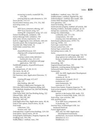 Index      839
        reviewing in newly created JSF file,         findByKey( ) method, rows, 294–295
            339–340                                  findParameter( ) method, PageDef file, 562
        viewing help for code elements in, 339       findviewobject( ) method, data model, 300
Faces Servlet, 314–317                               Firefox Web Developer Toolbar, 121
FacesContext memory area, 314, 316, 360              First operation, 526
facet drop zones, 321                                fixed list binding, 503–504
facets                                               fixed-outcome property, method call activity, 384
        ADF Faces containers offering, 347           floating windows, dockable windows, 42–43
        ADF Faces layouts using, 421                 foreign key constraints, 156, 177, 209–210
        nesting JSF components using, 321–322        foreign key relationships
Failure Handling tab, validation, 194                       cardinality and, 177–178
Failure Message field, validation, 194                      compositions, 181–182
false value, ternary expressions, 518                       creating view link definitions, 267
fault-in, triggering for view attributes, 240–241    form-based authentication, HTTP, 776
Favorites panel, My Components page, 77              form tag, HTML, 135
Favorites tab, Help Center, 56                       Form type control hint, 459
Field Order control hint, 459                        Format control hint, 459
fields                                               Format Type control hint, 458
        af:panelFormLayout, 422                      formatting source code, 52
        aligning with component properties,          forms
            429–432                                         components for add image page, 744–745
        creating custom entity definition                   drop options for collections, 468–469
            framework class, 222–224                        fixing on employee edit page application,
        fixing widths on employee edit page                     700–703
            application, 700–703                     forwarding, 380
FieldWidth property, af:panelFormLayout,             fragment-based task flows, 395
    430–432                                          fragments, creating popup dialog page, 736
file comparisons, 47–48, 52–53                       framework buffer classes, 579–581
File menu, 46–48, 67                                 frameworks
file name and path, 82                                      ADF. See ADF (Application Development
File Summary area, Application Overview, 72                     Framework)
files                                                       anatomy of, 18–19
        creating JSF page, 615–617                          characteristics of good, 20–22
        CSS, 137                                            evolution of, 310
        data binding, 486–487                               meta-frameworks, 18
        finding in Application Navigator, 66                overview of, 17–18
Fill Color, Edit Visual Properties dialog, 605       Freeze View button, Property Inspector, 79
Filter Attribute dropdown list, Edit Tree Binding    from-action property, Control Flow Cases, 388
    dialog, 522                                      FROM clause
Filter Value field, Edit Tree Binding dialog, 522           queries in declarative SQL mode, 254
Filtered Table, ADF, 483                                    queries in normal SQL mode, 250–251
filtering, 298–299, 483                              from-value, view activities, 380
finalizers, 405–407                                  fully qualified name
Find Application Files, Application menu, 48, 66            of an ADF Faces component, 445
Find in Files option, Search menu, 50, 66                   in JavaScript, 137
Find mode                                            function keys, in JDeveloper’s IDE. See
        collections, 526                                 keyboard shortcuts
        iterators and, 538                           Fusion Applications
Find operation, scoped action bindings, 529–530             ADF and. See ADF (Application
Find option, Search menu, 49–50                                 Development Framework)
Find property field button, Property Inspector, 80          architecture. See Fusion Architecture
FindBugs tool, 595–596                                      definition of, 4–5
findByAltKey( ) method, rows, 294                           Middleware, 4–5
 