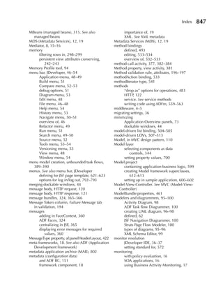 Index      847
MBeans (managed beans), 315. See also                   importance of, 19
  managed beans                                         XML. See XML metadata
MDS (Metadata Services), 12, 19                   Metadata Services (MDS), 12, 19
Mediator, 8, 15–16                                method bindings
memory                                                  defined, 493
      filtering rows in, 298–299                        editing, 533–534
      persistent view attributes conserving,            overview of, 532–533
          242–243                                 method call activity, 377, 382–384
Memory Profile tool, 94                           Method property, view activity, 381
menu bar, JDeveloper, 46–54                       Method validation rule, attributes, 196–197
      Application menu, 48–49                     methodAction binding, 533
      Build menu, 51                              methodIterator type, 541
      Compare menu, 52–53                         methods
      debug options, 51                                 “drop as” options for operations, 483
      Diagram menu, 53                                  HTTP, 122
      Edit menu, 48                                     service. See service methods
      File menu, 46–48                                  writing code using ADFm, 559–563
      Help menu, 54                               middleware, 4–5
      History menu, 53                            migrating settings, 36
      Navigate menu, 50–51                        minimizing
      overview of, 46                                   Application Overview panels, 73
      Refactor menu, 49                                 dockable windows, 44
      Run menu, 51                                model-driven list binding, 504–505
      Search menu, 49–50                          model-driven LOVs, 507–513
      Source menu, 52                             Model, in MVC design pattern, 110
      Tools menu, 53–54                           Model layer
      Versioning menu, 53                               selecting components as data
      View menu, 48                                         controls, 344
      Window menu, 54                                   setting property values, 700
menu model creation, unbounded task flows,        Model project
  389–390                                               containing application business logic, 599
menus. See also menu bar, JDeveloper                    creating Model framework superclasses,
      defining for JSF page template, 621–623               612–613
      options for log in/log out, 792–793               setting up in sample application, 600–602
merging dockable windows, 44                      Model-View-Controller. See MVC (Model-View-
message body, HTTP request, 120                     Controller)
message body, HTTP response, 121                  ModelBundle.properties, 461
message bundles, 324, 365–366                     modelers and diagrammers, 95–100
Message Token column, Failure Message tab               Activity Diagram, 98
  in validation, 194                                    ADF Task flow Diagrammer, 100
messages                                                creating UML diagram, 96–98
      adding in FaceContext, 360                        defined, 62
      ADF Faces, 324                                    JSF Navigation Diagrammer, 100
      centralizing in JSF, 365                          Struts Page Flow Modeler, 100
      displaying error messages for required            types of diagrams, 95–96
          values, 360                                   XML Schema Editor, 99
MessageType property, af:panelHeaderLayout, 422   monitor resolution
meta-frameworks, 18. See also ADF (Application          JDeveloper IDE, 36–37
  Development Framework)                                setting standard for, 572
metadata application archive (MAR), 802           monitoring
metadata (configuration data)                           with policy evaluation, 16
      and ADF BC, 151                                   SOA applications, 16
      framework component, 18                           using Business Activity Monitoring, 17
 