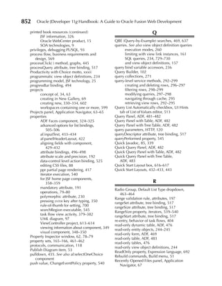852   Oracle JDeveloper 11g Handbook: A Guide to Oracle Fusion Web Development

  printed book resources (continued)                                       Q
         JSF information, 326
         Oracle WebCenter product, 15               QBE (Query-by-Example) searches, 469, 637
         SOA technologies, 9                        queries. See also view object definition queries
  privileges, debugging PL/SQL, 93                        execution modes, 260
  process flow, business requirements and                 limiting with view link instances, 161
     design, 569                                          SQL queries, 234, 729–730
  processClick( ) method, graphs, 445                     and view object definitions, 157
  processQuery attribute, tree binding, 517         query bind variable accessors, 236
  Productivity with Choice motto, xxxii             Query Builder, 102
  programmatic view object definitions, 234         query collections, 271
  programming model, JSF technology, 25             query-level service methods, 292–299
  progressBar binding, 494                                creating and deleting rows, 296–297
  projects                                                filtering rows, 298–299
         concept of, 34, 63                               modifying queries, 297–298
         creating in New Gallery, 69                      navigating through cache, 295
         creating new, 330–334, 602                       retrieving view rows, 292–295
         workspaces containing one or more, 599     Query List Automatically checkbox, UI Hints
  Projects panel, Application Navigator, 63–65        tab of List of Values editor, 513
  properties                                        Query Panel, ADF, 481–482
         ADF Faces component, 324–325               Query Panel with Table, ADF, 482
         advanced options for list bindings,        Query Panel with Tree Table, ADF, 482
             505–506                                query parameters, HTTP, 120
         af:inputText, 433–434                      queryDescriptor attribute, tree binding, 517
         af:panelHeaderLayout, 422                  queryPerformed property, 545
         aligning fields with component,            Quick Javadoc, 85, 339
             429–432                                Quick Query Panel, ADF, 482
         attribute bindings, 496–498                Quick Query Panel with Table, ADF, 482
         attribute scale and precision, 192         Quick Query Panel with Tree Table,
         data-control level action binding, 525       ADF, 483
         editing CSS files, 88                      Quick Start Layout box, 616–617
         ppr partial page rendering, 417            Quick Start Layouts, 432–433, 443
         iterator execution, 540
         for JSF home page components,
             358–359                                                       R
         mandatory attribute, 191                   Radio Group, Default List Type dropdown,
         operations, 79–80                             463–464
         polymorphic attribute, 230                 Range validation rule, attributes, 197
         pressing enter key after typing, 350       rangeSet attribute, tree binding, 517
         rule-of-thumb for setting, 700
                                                    rangeSize attribute, tree binding, 517
         searchRegion executable, 545
                                                    RangeSize property, iterators, 539–540
         task flow view activity, 379–382
                                                    rangeStart attribute, tree binding, 517
         UML diagram, 97
                                                    re-entry, behavior of task flows, 404
         ViewController project, 613–614
                                                    read-only dynamic table, ADF, 476
         viewing information about component, 349
                                                    read-only entity objects, 244–245
         visual component, 348–350
                                                    read-only form, ADF, 469
  Property Inspector window, 62, 78–79
                                                    read-only table, ADF, 483
  property sets, 165–166, 461–462
                                                    read-only tables, 476
  protocols, communication, 118
                                                    read-only view object definitions, 244
  Publish Diagram item, 53
                                                    ReadOnly property, Expression language, 692
  pulldown, 435. See also af:selectOneChoice
                                                    Rebuild commands, Build menu, 51
     component
                                                    Recently Opened Files panel, Application
  push value, ChangeEventPolicy property, 540
                                                       Navigator, 67
 