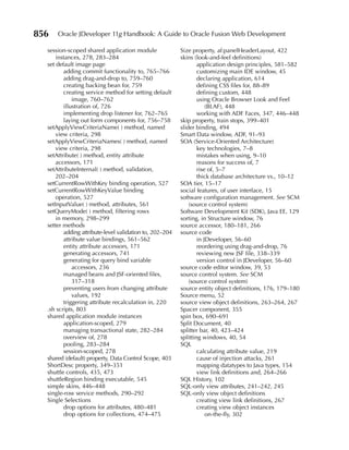 856   Oracle JDeveloper 11g Handbook: A Guide to Oracle Fusion Web Development

  session-scoped shared application module               Size property, af:panelHeaderLayout, 422
      instances, 278, 283–284                            skins (look-and-feel definitions)
  set default image page                                         application design principles, 581–582
         adding commit functionality to, 765–766                 customizing main IDE window, 45
         adding drag-and-drop to, 759–760                        declaring application, 614
         creating backing bean for, 759                          defining CSS files for, 88–89
         creating service method for setting default             defining custom, 448
             image, 760–762                                      using Oracle Browser Look and Feel
         illustration of, 726                                        (BLAF), 448
         implementing drop listener for, 762–765                 working with ADF Faces, 347, 446–448
         laying out form components for, 756–758         skip property, train stops, 399–401
  setApplyViewCriteriaName( ) method, named              slider binding, 494
      view criteria, 298                                 Smart Data window, ADF, 91–93
  setApplyViewCriteriaNames( ) method, named             SOA (Service-Oriented Architecture)
      view criteria, 298                                         key technologies, 7–8
  setAttribute( ) method, entity attribute                       mistakes when using, 9–10
      accessors, 171                                             reasons for success of, 7
  setAttributeInternal( ) method, validation,                    rise of, 5–7
      202–204                                                    thick database architecture vs., 10–12
  setCurrentRowWithKey binding operation, 527            SOA tier, 15–17
  setCurrentRowWithKeyValue binding                      social features, of user interface, 15
      operation, 527                                     software configuration management. See SCM
  setInputValue( ) method, attributes, 561                   (source control system)
  setQueryMode( ) method, filtering rows                 Software Development Kit (SDK), Java EE, 129
      in memory, 298–299                                 sorting, in Structure window, 76
  setter methods                                         source accessor, 180–181, 266
         adding attribute-level validation to, 202–204   source code
         attribute value bindings, 561–562                       in JDeveloper, 56–60
         entity attribute accessors, 171                         reordering using drag-and-drop, 76
         generating accessors, 741                               reviewing new JSF file, 338–339
         generating for query bind variable                      version control in JDeveloper, 56–60
             accessors, 236                              source code editor window, 39, 53
         managed beans and JSF-oriented files,           source control system. See SCM
             317–318                                         (source control system)
         preventing users from changing attribute        source entity object definitions, 176, 179–180
             values, 192                                 Source menu, 52
         triggering attribute recalculation in, 220      source view object definitions, 263–264, 267
  .sh scripts, 803                                       Spacer component, 355
  shared application module instances                    spin box, 690–691
         application-scoped, 279                         Split Document, 40
         managing transactional state, 282–284           splitter bar, 40, 423–424
         overview of, 278                                splitting windows, 40, 54
         pooling, 283–284                                SQL
         session-scoped, 278                                     calculating attribute value, 219
  shared (default) property, Data Control Scope, 403             cause of injection attacks, 261
  ShortDesc property, 349–351                                    mapping datatypes to Java types, 154
  shuttle controls, 435, 473                                     view link definitions and, 264–266
  shuttleRegion binding executable, 545                  SQL History, 102
  simple skins, 446–448                                  SQL-only view attributes, 241–242, 245
  single-row service methods, 290–292                    SQL-only view object definitions
  Single Selections                                              creating view link definitions, 267
         drop options for attributes, 480–481                    creating view object instances
         drop options for collections, 474–475                       on-the-fly, 302
 
