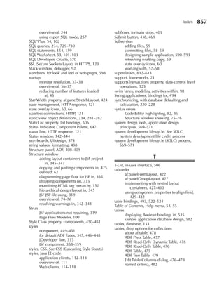 Index      857
       overview of, 244                           subflows, for train stops, 401
       using expert SQL mode, 257                 Submit button, 438, 469
SQL*Plus, 54, 102                                 Subversion
SQL queries, 234, 729–730                               adding files, 59
SQL statements, 154, 159                                committing files, 58–59
SQL Worksheet, 53, 101–103                              designing sample application, 590–593
SQL Developer, Oracle, 570                              refreshing working copy, 59
SSL (Secure Sockets Layer), in HTTPS, 123               state overlay icons, 60
Stack window, debugger, 92                              working with, 57–58
standards, for look and feel of web pages, 598    superclasses, 612–613
startup                                           support, frameworks, 21
       monitor resolution, 37–38                  supportsTransactions property, data-control level
       overview of, 36–37                            operations, 525
       reducing number of features loaded         swim lanes, modeling activities within, 98
           at, 45                                 Swing applications, bindings for, 494
StartWidth property, af:panelStretchLayout, 424   synchronizing, with database defaulting and
state management, HTTP response, 121                 calculation, 220–228
state overlay icons, 60, 66                       syntax errors
stateless connections, HTTP, 121                        Code Editor highlighting, 82, 86
static view object definitions, 234, 281–282            Structure window showing, 75–76
StaticList property, list bindings, 506           system design tools, application design
Status Indicator, Component Palette, 647             principles, 569–571
status line, HTTP response, 121                   system development life cycle. See SDLC
Status window, 342–344                               (system development life cycle) process
storyboards, UI design, 574                       system development life cycle (SDLC) process,
string values, formatting, 438                       569–571
Structure panel, ADF, 408–409
Structure window
       adding layout containers to JSF project                            T
           in, 345–347
                                                  T-List, in user interface, 506
       copying and pasting components in, 425
                                                  tab order
       defined, 62
                                                          af:panelFormLayout, 422
       diagramming page flow for JSF in, 335
                                                          af:panelGroupLayout, 427
       dropping components on, 735
                                                          implementing with nested layout
       examining HTML tag hierarchy, 352
                                                             containers, 427–430
       hierarchical design layout in, 345
                                                          using component properties to align field,
       JSF JSP file using, 319
                                                             429–432
       overview of, 74–76
                                                  table bindings, 493, 522–524
       resolving warnings in, 342–344
                                                  Table of Contents, Help menu, 54, 55
Struts
                                                  tables
       JSF applications not requiring, 319
                                                          displaying Boolean bindings in, 535
       Page Flow Modeler, 100
                                                          sample application database design, 582
Style Class property, components, 450–451
                                                  tables, database, 153
styles
                                                  tables, drop options for collections
       component, 449–451
                                                          about af:table, 478
       for default ADF Faces, 347, 446–448
                                                          ADF Pivot Table, 477
       JDeveloper line, 335
                                                          ADF Read-Only Dynamic Table, 476
       JSF component, 358–359
                                                          ADF Read-Only Table, 476
styles, CSS. See CSS (Cascading Style Sheets)
                                                          ADF Table, 475
styles, Java EE code
                                                          ADF Tree Table, 479
       application clients, 112–114
                                                          Edit Table Columns dialog, 476–478
       overview of, 111
                                                          named criteria, 482
       Web clients, 114–118
 