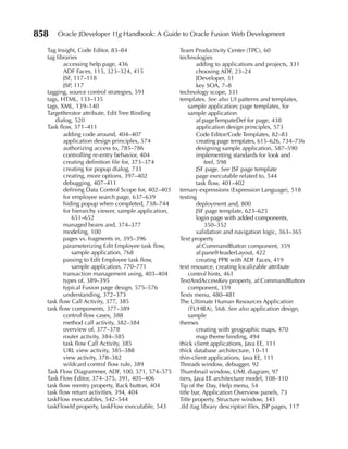 858   Oracle JDeveloper 11g Handbook: A Guide to Oracle Fusion Web Development

  Tag Insight, Code Editor, 83–84                    Team Productivity Center (TPC), 60
  tag libraries                                      technologies
         accessing help page, 436                            adding to applications and projects, 331
         ADF Faces, 115, 323–324, 415                        choosing ADF, 23–24
         JSF, 117–118                                        JDeveloper, 31
         JSP, 117                                            key SOA, 7–8
  tagging, source control strategies, 591            technology scope, 331
  tags, HTML, 133–135                                templates. See also UI patterns and templates,
  tags, XML, 139–140                                     sample application; page templates, for
  TargetIterator attribute, Edit Tree Binding            sample application
     dialog, 520                                             af:pageTempateDef for page, 438
  Task flow, 371–411                                         application design principles, 573
         adding code around, 404–407                         Code Editor/Code Templates, 82–83
         application design principles, 574                  creating page templates, 615–626, 734–736
         authorizing access to, 785–786                      designing sample application, 587–590
         controlling re-entry behavior, 404                  implementing standards for look and
         creating definition file for, 373–374                   feel, 598
         creating for popup dialog, 733                      JSF page. See JSF page template
         creating, more options, 397–402                     page executable related to, 544
         debugging, 407–411                                  task flow, 401–402
         defining Data Control Scope for, 402–403    ternary expressions (Expression Language), 518
         for employee search page, 637–639           testing
         hiding popup when completed, 738–744                deployment and, 800
         for hierarchy viewer, sample application,           JSF page template, 623–625
             651–652                                         login page with added components,
         managed beans and, 374–377                              350–352
         modeling, 100                                       validation and navigation logic, 363–365
         pages vs. fragments in, 395–396             Text property
         parameterizing Edit Employee task flow,             af:CommandButton component, 359
             sample application, 768                         af:panelHeaderLayout, 422
         passing to Edit Employee task flow,                 creating PPR with ADF Faces, 419
             sample application, 770–771             text resource, creating localizable attribute
         transaction management using, 403–404           control hints, 461
         types of, 389–395                           TextAndAccessKey property, af:CommandButton
         typical Fusion page design, 575–576             component, 359
         understanding, 372–373                      Texts menu, 480–481
  task flow Call Activity, 377, 385                  The Ultimate Human Resources Application
  task flow components, 377–389                          (TUHRA), 568. See also application design,
         control flow cases, 388                         sample
         method call activity, 382–384               themes
         overview of, 377–378                                creating with geographic maps, 470
         router activity, 384–385                            map theme binding, 494
         task flow Call Activity, 385                thick client applications, Java EE, 111
         URL view activity, 385–388                  thick database architecture, 10–11
         view activity, 378–382                      thin-client applications, Java EE, 111
         wildcard control flow rule, 389             Threads window, debugger, 92
  Task Flow Diagrammer, ADF, 100, 571, 574–575       Thumbnail window, UML diagram, 97
  Task Flow Editor, 374–375, 391, 405–406            tiers, Java EE architecture model, 108–110
  task flow reentry property, Back button, 404       Tip of the Day, Help menu, 54
  task flow return activities, 394, 404              title bar, Application Overview panels, 73
  taskFlow executables, 542–544                      Title property, Structure window, 343
  taskFlowId property, taskFlow executable, 543      .tld (tag library descriptor) files, JSP pages, 117
 