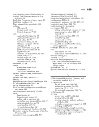 Index      859
to-string property, method call activity, 384         Transaction.commit( ) method, 305
to-value, Page Parameters section of view             Transaction.rollback( ) method, 305
    activities, 380                                   transactions, committing or rolling back, 305
Toggle Line Comments, in Source menu, 52              transformation, ESB for, 8
Toggle Line Numbers, 332                              transient entity attributes, 182–183, 217–220
Token Message Expressions table, 194                  transient view attributes, 244, 245
toolbars                                              troubleshooting. See debugging
       IDE main, 46                                   tree bindings, 514–522
       Projects panel, 64–65                                 adding artificial levels into tree, 521–522
       Property Inspector, 79–80                             customizing tree labels, 520–521
tools                                                        defined, 493
       Application Navigator, 62–67                          with hierarchical data, 518–520
       Application Overview, 72–74                           node filtering, 522
       Code Editor, 81–90                                    overview of, 514–517
       Component Palette, 77–78                              treeTable binding, 522
       Database Navigator, 100–103                    tree view, 649. See also hierarchy viewer,
       debugger, 90–94                                   sample application
       good frameworks and, 20–21                     treeModel attribute, tree labels, 520
       JSP/HTML visual editor, 94–95                  trees
       Log Window, 80                                        drop options for, 479
       modelers and diagrammers, 95–100                      drop options for Named Criteria, 482–483
       New Gallery, 68–71                             treeTable binding, 522
       Property Inspector, 78–80                      Trinidad, 14, 416
       Resource Palette, 67–68                        true value, ternary expressions, 518
       Structure window, 74–76                        TUHRA (The Ultimate Human Resources
Tools menu, 53–54                                        Application), 568. See also application
tooltips                                                 design, sample
       Component Palette icons, 77                    type selector, CSS, 138
       components, 348                                typesafe, entity attribute accessors as, 171–173
       ToolTip Text control hint, 458
top-level collection node, Data Controls
    panel, 465                                                               U
top-level view object instances, 271
                                                      UDDI (Universal Description, Discovery, and
TopLink, 29
                                                         Integration) standard, SOA, 7
TopWidth property, af:panelStretchLayout, 424
                                                      UI components
TPC (Team Productivity Center), 60
                                                            for add image page, 744–745
tracing, debugger using, 91
                                                            authorizing access to, 786–788
TrackQueryPerformed property, searchRegion
                                                            developing JSF, 311–312
    executable, 545
                                                            for set default image page, 756–758
train-stop property, train stops, 399–400
                                                      UI Debug tool, 95
trains
                                                      UI Hints
       branching in, 401
                                                            control hints for LOVs, 462–463
       bypassing train model, 401
                                                            creating LOVs, 280–281
       calling code in train flow, 400
                                                            creating with entity attributes and view
       controlling train stop availability, 398–399
                                                                attributes, 165
       designating task flows as, 398
                                                            setting for employee search page, 642–643
       understanding, 397–398
                                                            setting up for LOV, 513
       view activities used as, 382
                                                      UI patterns and templates, sample application
transaction management, Task flow, 403–404
                                                            adding boxes and panels to page, 617–620
Transaction property, Behavior page of Task flow
                                                            altering database based on changes to
    Overview, 403
                                                                diagram, 610–612
transactional state, managing, 282–284
 