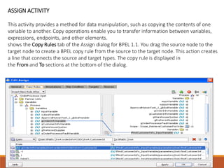 ASSIGN ACTIVITY
This activity provides a method for data manipulation, such as copying the contents of one
variable to another. Copy operations enable you to transfer information between variables,
expressions, endpoints, and other elements.
shows the Copy Rules tab of the Assign dialog for BPEL 1.1. You drag the source node to the
target node to create a BPEL copy rule from the source to the target node. This action creates
a line that connects the source and target types. The copy rule is displayed in
the From and To sections at the bottom of the dialog.
 