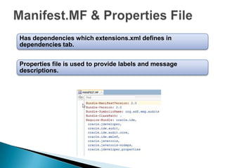Has dependencies which extensions.xml defines in
dependencies tab.
Properties file is used to provide labels and message
descriptions.

 