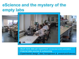 eScience and the mystery of the
empty labs




       • Much more data per experiment (miniaturized and/or automation)
       • External data sources & outsourcing
       • Experimental design, data management & analytics(eScience)
 