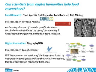 Can scientists from digital humanities help food
researchers?
Food Research: Food Specific Ontologies for Food Focused Text Mining

Project Leader: Wynand Alkema

Addressing absence of domain specific structured
vocabularies which limits the use of data mining &
knowledge management methods in food research.


Digital Humanities: BiographyNED

Project Leader: Guus Schreiber

Will improve current version of the Biography Portal by
incorporating analytical tools to show interconnections,
trends, geographical maps and time lines.
 