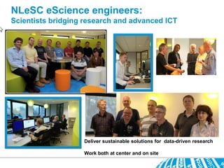 NLeSC eScience engineers:
Scientists bridging research and advanced ICT




                   Deliver sustainable solutions for data-driven research

                   Work both at center and on site
 