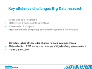 Key eScience challenges Big Data research

–   Cross-type data integration
–   Data-driven & multi-models simulations
–   Visualization & analytics
–   High performance computing: connected computers & fast networks




–   Stimulate culture of knowledge sharing: no silos; data stewardship
–   Rationalization of ICT landscapes; interoperability & industry data standards
–   Training & education
 