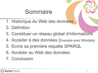 11
Sommaire
1. Historique du Web des données
2. Définition
3. Constituer un réseau global d'informations
4. Accéder à des données (Exemple avec Wikidata)
5. Ecrire sa première requête SPARQL
6. Accéder au Web des données
7. Conclusion
 