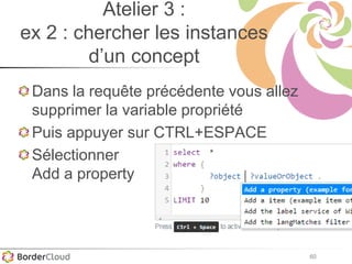 60
Atelier 3 :
ex 2 : chercher les instances
d’un concept
Dans la requête précédente vous allez
supprimer la variable propriété
Puis appuyer sur CTRL+ESPACE
Sélectionner
Add a property
 