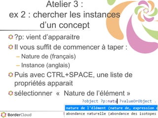 61
Atelier 3 :
ex 2 : chercher les instances
d’un concept
?p: vient d’apparaitre
Il vous suffit de commencer à taper :
– Nature de (français)
– Instance (anglais)
Puis avec CTRL+SPACE, une liste de
propriétés apparait
sélectionner « Nature de l’élément »
 