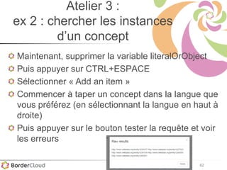 62
Atelier 3 :
ex 2 : chercher les instances
d’un concept
Maintenant, supprimer la variable literalOrObject
Puis appuyer sur CTRL+ESPACE
Sélectionner « Add an item »
Commencer à taper un concept dans la langue que
vous préférez (en sélectionnant la langue en haut à
droite)
Puis appuyer sur le bouton tester la requête et voir
les erreurs
 