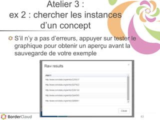 63
Atelier 3 :
ex 2 : chercher les instances
d’un concept
S’il n’y a pas d’erreurs, appuyer sur tester le
graphique pour obtenir un aperçu avant la
sauvegarde de votre exemple
 
