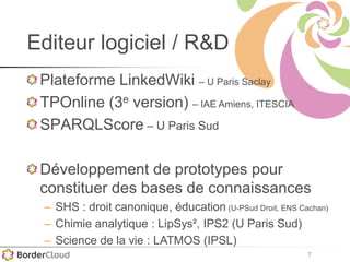 7
Editeur logiciel / R&D
Plateforme LinkedWiki – U Paris Saclay
TPOnline (3e version) – IAE Amiens, ITESCIA
SPARQLScore – U Paris Sud
Développement de prototypes pour
constituer des bases de connaissances
– SHS : droit canonique, éducation (U-PSud Droit, ENS Cachan)
– Chimie analytique : LipSys², IPS2 (U Paris Sud)
– Science de la vie : LATMOS (IPSL)
 