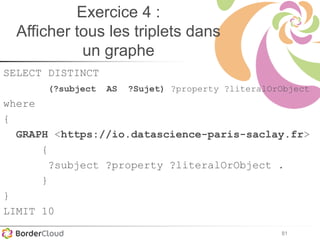 81
Exercice 4 :
Afficher tous les triplets dans
un graphe
SELECT DISTINCT
(?subject AS ?Sujet) ?property ?literalOrObject
where
{
GRAPH <https://io.datascience-paris-saclay.fr>
{
?subject ?property ?literalOrObject .
}
}
LIMIT 10
 