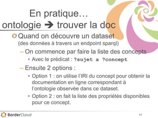 88
En pratique…
ontologie  trouver la doc
Quand on découvre un dataset
(des données à travers un endpoint sparql)
– On commence par faire la liste des concepts
• Avec le prédicat : ?sujet a ?concept
– Ensuite 2 options :
• Option 1 : on utilise l’IRI du concept pour obtenir la
documentation en ligne correspondant à
l’ontologie observée dans ce dataset.
• Option 2 : on fait la liste des propriétés disponibles
pour ce concept.
 