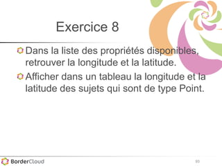 93
Exercice 8
Dans la liste des propriétés disponibles,
retrouver la longitude et la latitude.
Afficher dans un tableau la longitude et la
latitude des sujets qui sont de type Point.
 