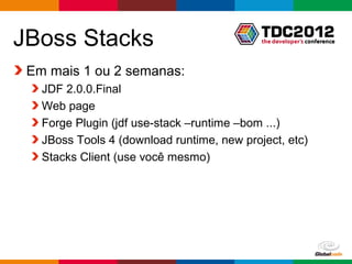 Roadmap
JDF 2.0
  Outubro de 2012
  Mobile Hibrido
JDF 2.1
  Janeiro 2013 (tentativa)
  Segurança (Picketlink)
  Deltaspike




                             Globalcode – Open4education
 